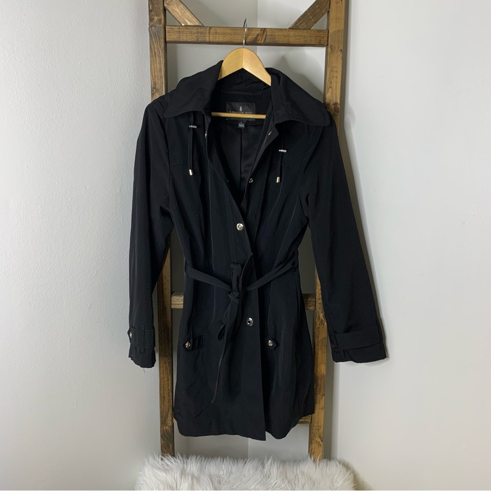 London Fog Classic Black Hooded Trench Coat Size L